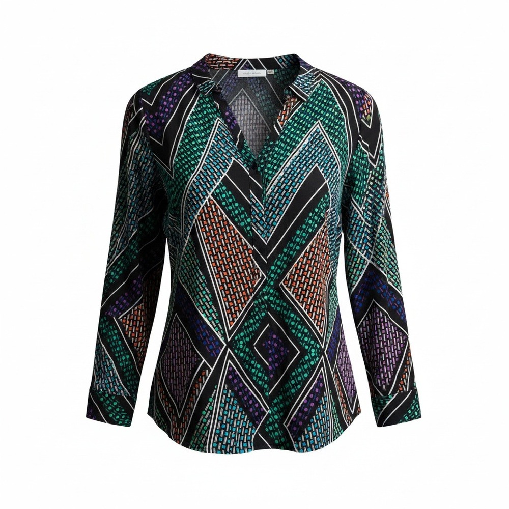 Calvin Klein Blouse Womens Medium Black Multi Excellent Geometric Chevron Rayon